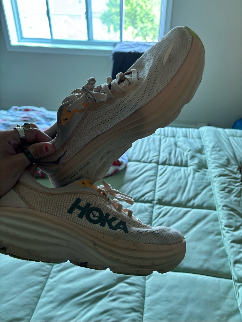 Hoka Women's Beige Cream Running Shoes with Teal Logo
